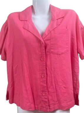 Bright Pink Button-Up Short Sleeve Top